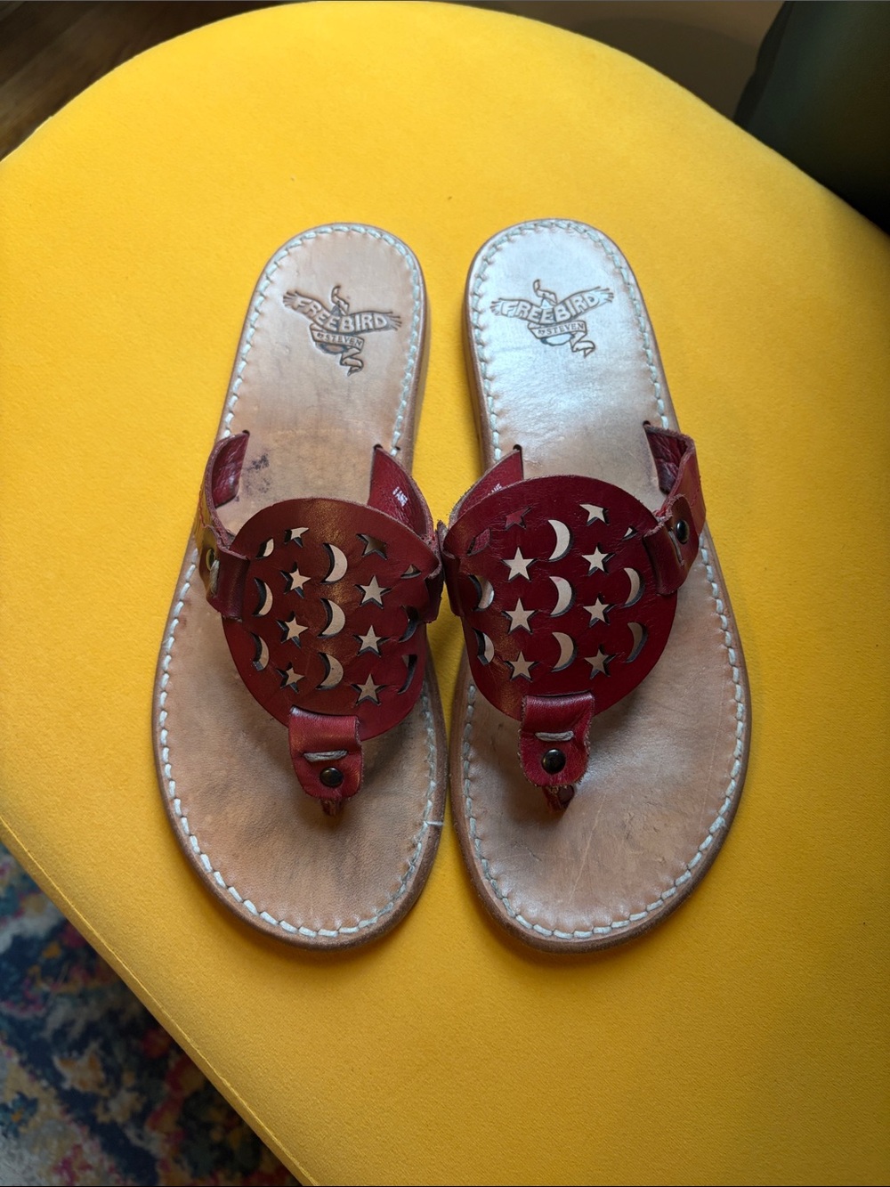 freebird Red Leather Moon & Star Cutout Thong Sandals